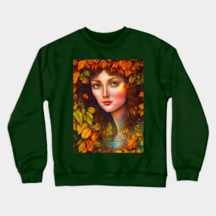 Autumnal Equinox Beautiful Woman Surrounded By Autumn Leaves Crewneck Sweatshirt